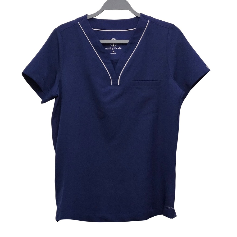 Healing Hands Stella Scrub Top Women M Navy V-Neck Athletic Fit Stretch Workwear